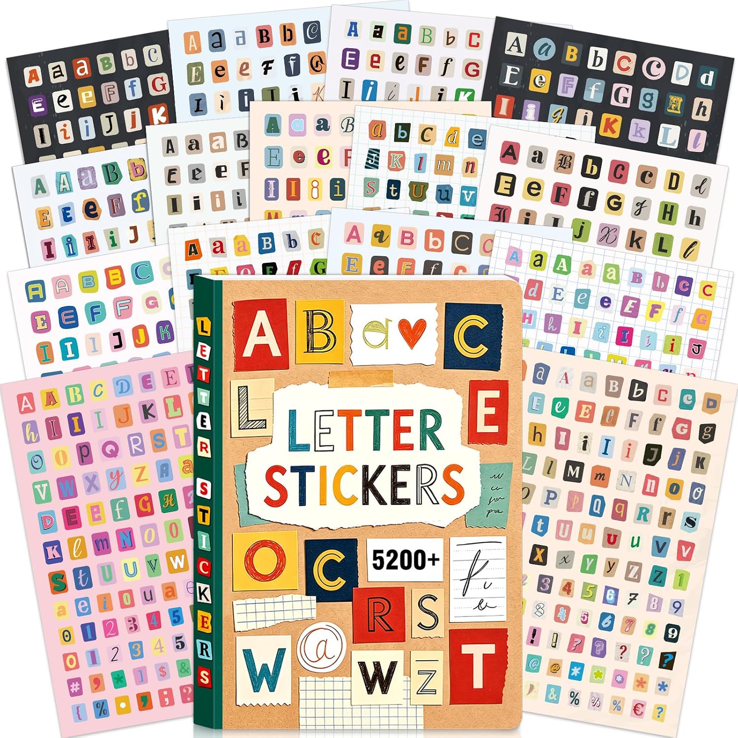 Vintage Collectible Books - สติกเกอร์ตัวอักษรและตัวเลขหลากสีแบบมีกาวในตัว 5200 ชิ้น/48 แผ่น สำหรับงาน Scrapbooking