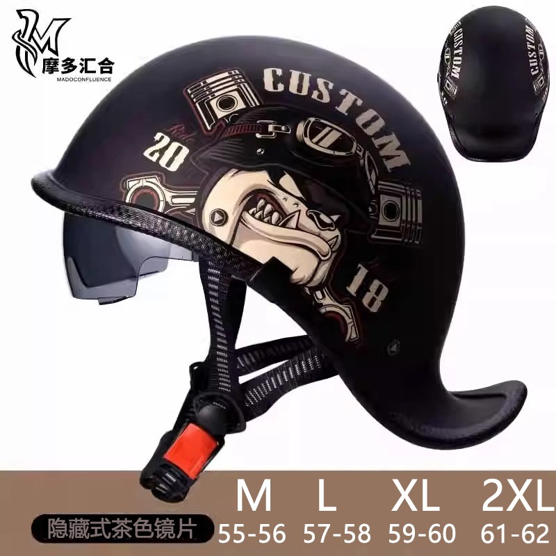 Lens Cap Vintage - หมวกกันน็อคมอเตอร์ไซค์ย้อนยุคสําหรับผู้ชายวินเทจรถมอเตอร์ไซด์ครึ่งหมวกกันน็อคพร้อมเลนส์ในตัวฤดูร้อนจักรยานไฟฟ้าความปลอดภัยหมวกแฟชั่นฮาร์เลย์
