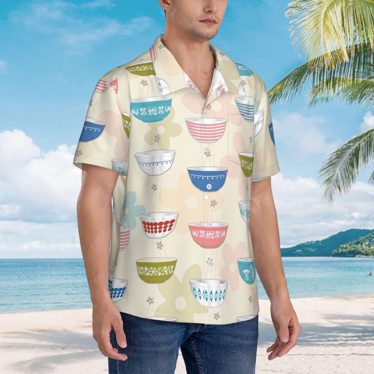 Vintage Collectible Pyrex - คอลเลกชันชุดเสื้อเชิ้ตฮาวายลาย Pyrex สไตล์วินเทจ เสื้อเชิ้ตแขนสั้นผู้ชายลายตลกสำหรับฤดูร้อน เสื้อชายหาดชายหาดชายทะเล เสื้อคอปกผู้ชาย