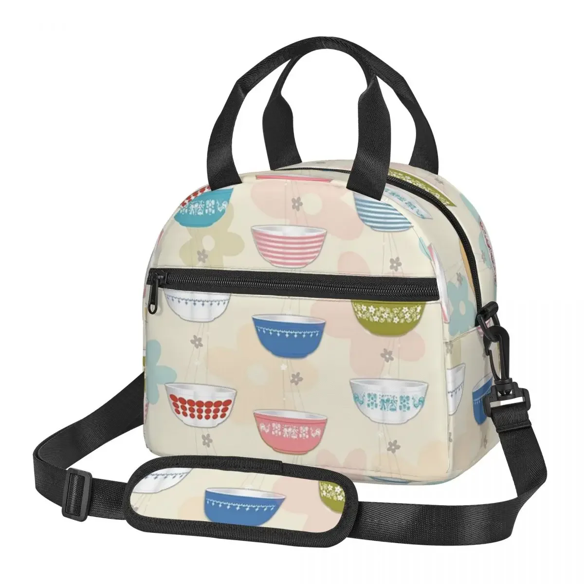 Vintage Collectible Pyrex - กระเป๋าใส่อาหารแบบมีฉนวนสำหรับผู้หญิง คอลเลคชั่นชามไพเร็กซ์สไตล์วินเทจ กล่องเก็บอาหารเบนโตะ กล่องอาหารกันรั่วซึม กระเป๋าเก็บความเย็นแบบพกพา