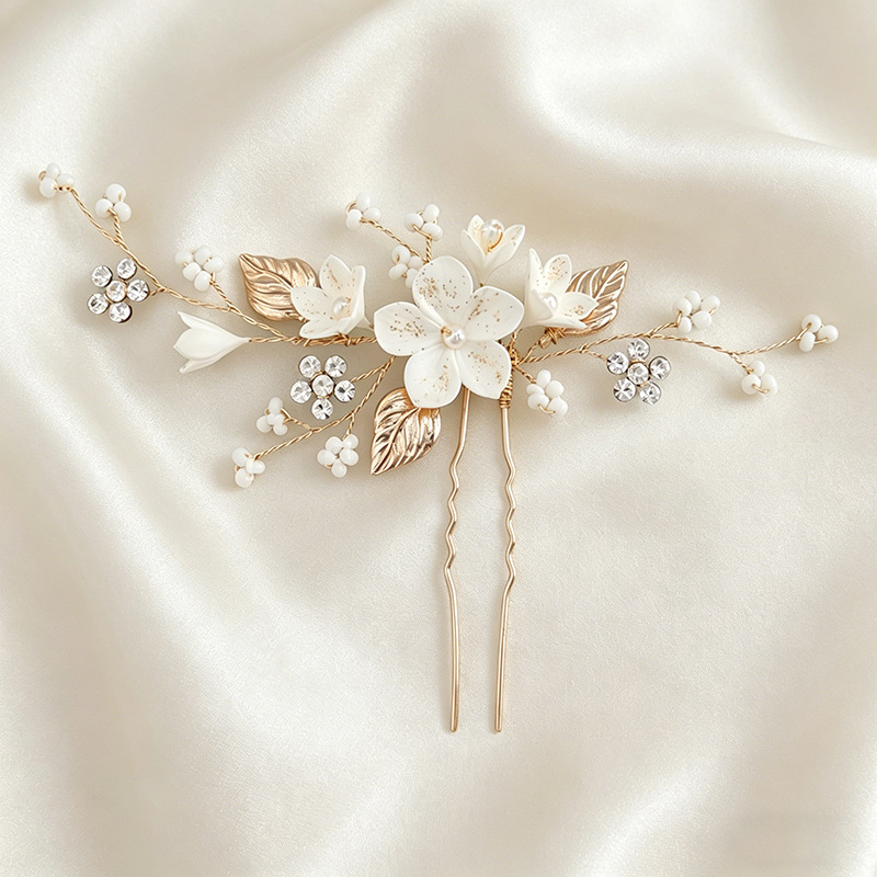 Vintage Items - เครื่องประดับผมเจ้าสาว ปิ่นปักผมสไตล์เพิร์ลฮาร์เบอร์ มุกเทียม ประดับเพชรซิคอน รูปทรงตัวยู ของตกแต่งผม