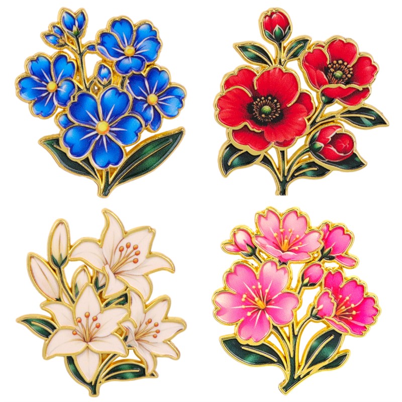 Vintage Items - เข็มกลัดเคลือบสีสันสดใสลายดอกไม้สไตล์วินเทจน่ารัก ลายดอกลิลลี่ เชอร์รี่ ดอกป๊อปปี้ ใบไม้สีฟ้า เหมาะสำหรับติดกระเป๋าเป้