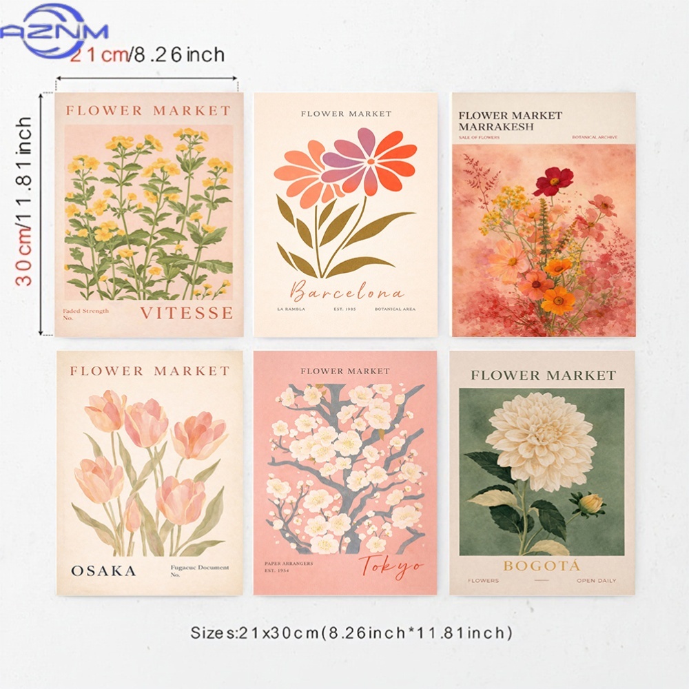 Vintage Collectible Market - ชุดภาพพิมพ์บนผ้าใบ 6 ชิ้น ลายดอกไม้สไตล์วินเทจจากตลาดดอกไม้ เหมาะสำหรับตกแต่งผนังบ้านของคุณ